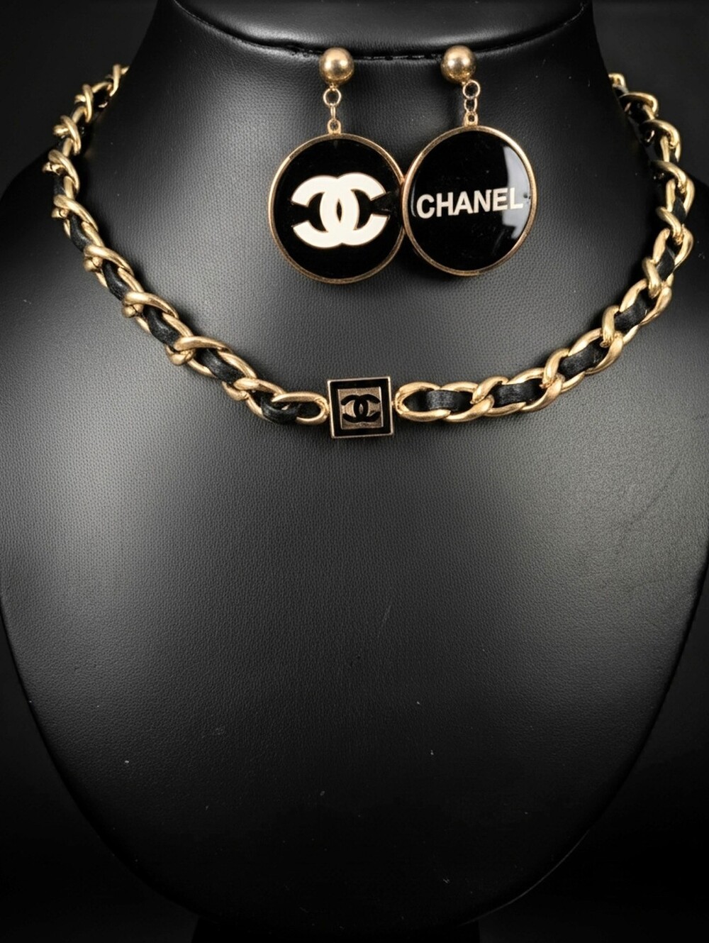 CHANEL Gold and Black Chocker Chain Necklace with Logo Drop Earrings - Picture 6 of 7